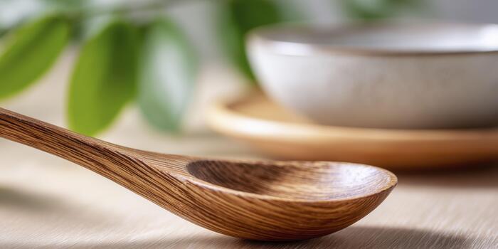 A macro shot of a wooden spoon grain, highlighting its polished texture and natural wood patterns under warm light, with a blurred serving dish and Friendsgiving table in the background. photo