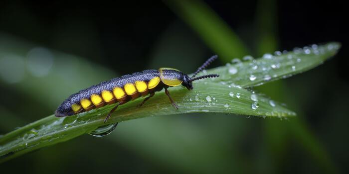 A macro shot of a firefly's glowing abdomen, showcasing its luminescent segments and soft texture, with a blurred night-time grass background and a tiny dew drop. photo