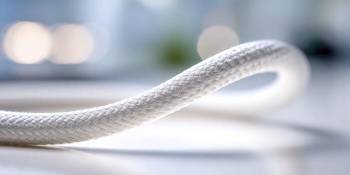 A macro view of a charger cable woven fiber, highlighting its textured surface and tight weave under desk light, with a blurred Cyber Monday tech deal page in the background. photo
