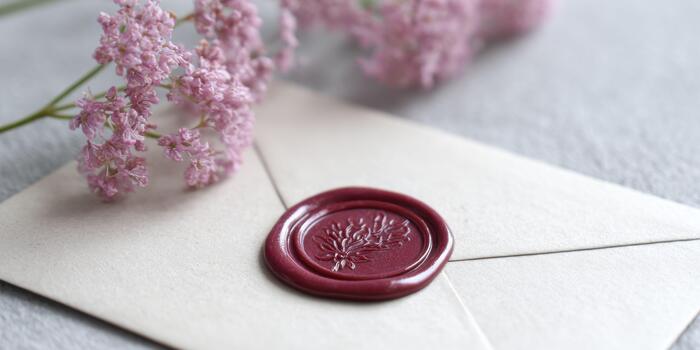A macro shot of a red wax seal on an envelope, showcasing a ribbon imprint and cracked texture under daylight, with a blurred supportive message and flowers in the background. photo