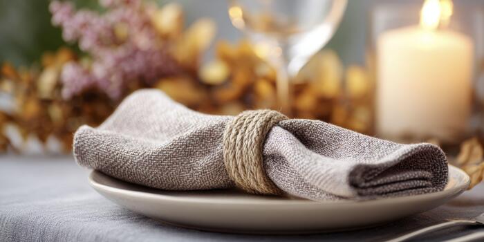 A macro shot of a folded napkin with a harvest-themed tie, highlighting its woven fabric texture and earthy tones under candlelight, with a blurred plate and Friendsgiving setting in the background. photo
