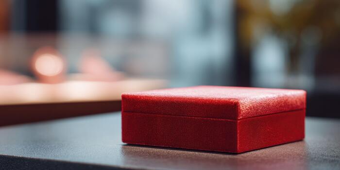 A macro shot of a velvet jewelry box surface, capturing its soft texture and rich red hue under store lighting, with a blurred Black Friday sale sign and display case in the background. photo