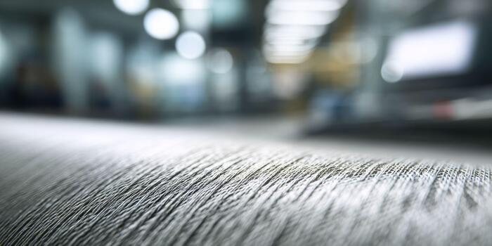 A macro view of a dollar bill paper fiber, highlighting its intricate weave and security thread under fluorescent light, with a blurred cash register and Black Friday crowd in the background. photo