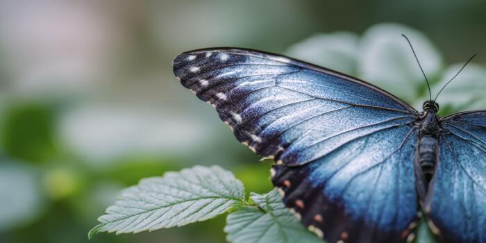 A macro shot of a butterfly's wing, showcasing iridescent blue scales in intricate patterns, with delicate veins and a soft blur of green foliage in the background. photo