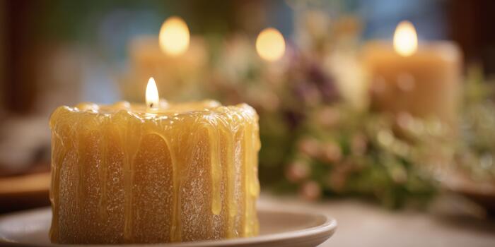 A macro view of a harvest-themed candle wax, capturing its molten drip and textured surface under warm light, with a blurred Friendsgiving centerpiece and table in the background. photo