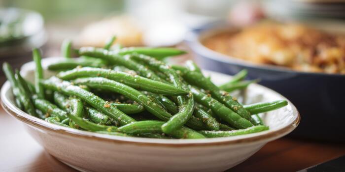 A macro view of a green bean surface with seasoning flecks, capturing its glossy texture and vibrant green hue under soft light, with a blurred casserole and Friendsgiving table in the background. photo