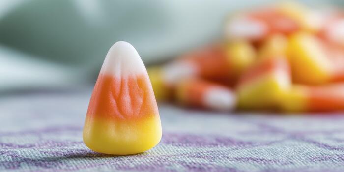 A macro shot of a single candy corn piece, capturing its glossy tri-color layers and sugary texture, with a blurred pile of candies and a festive tablecloth in the background. photo