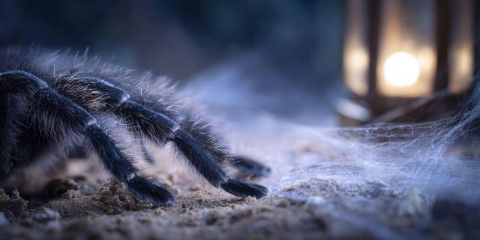 A macro shot of a tarantula's leg, showcasing spiky black hairs and segmented joints, with a blurred cobweb and a dim lantern glow in the background. photo
