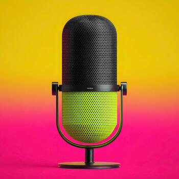A vibrant studio microphone with a patterned texture on a colorful background photo