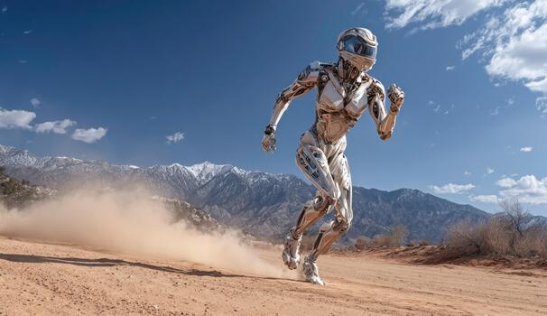 Metallic figure running on a dusty path with mountains in background photo