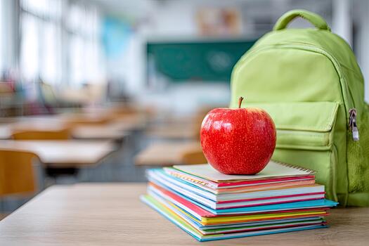 An apple and books resting on a desk in a classroom setting photo