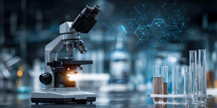 A modern laboratory setting featuring a microscope test tubes and digital data visualization photo