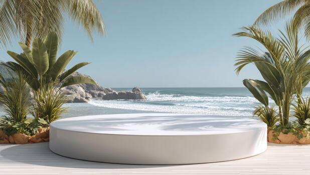 A pristine white circular platform overlooking a serene beach with palm trees and ocean waves photo