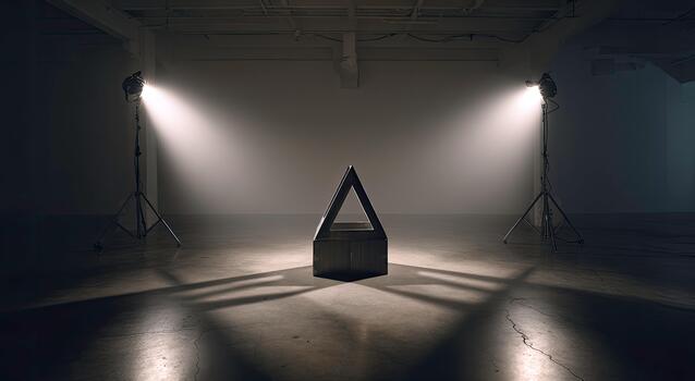 Geometric triangular prism object illuminated by spotlights in a dark smoky room creating dramatic shadows on the floor photo