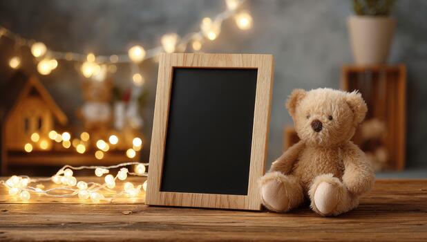 Empty wooden frame and teddy bear on a rustic table with warm string lights bokeh background photo