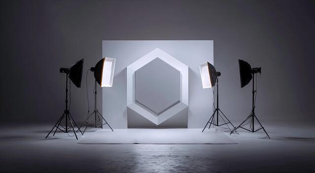 Professional photography studio setup with two softbox lights illuminating a white hexagonal backdrop display. photo