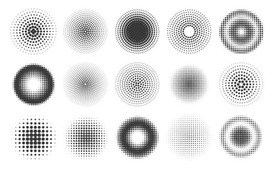 resumen trama de semitonos puntos circulo patrones y marcos redondo cómic degradado textura efecto. radial pantalla rociar cepillar. trama de semitonos antecedentes conjunto vector