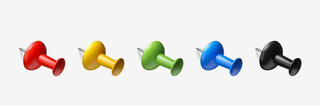 3D office thumbtack with shadow. Realistic set of paper push pin isolated on white background vector