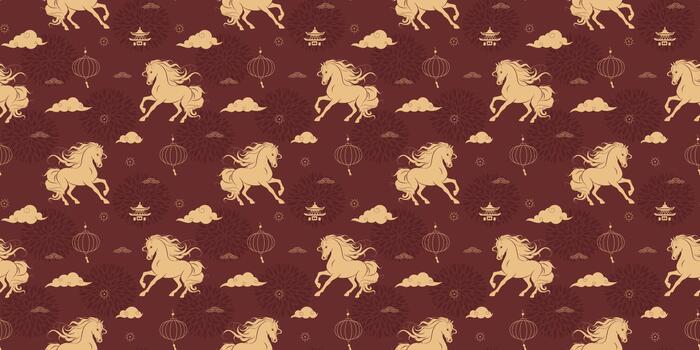 Chinese New Year of the Horse seamless pattern. Outline golden horse silhouette, outline lantern and other symbols in geometric style on red background. Background for banner, card, wrapping vector