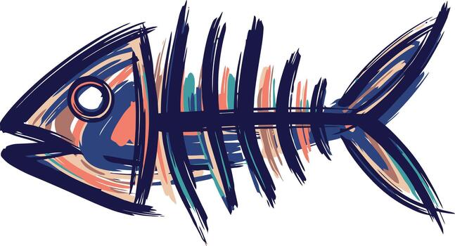 Expressive and colorful abstract fish skeleton illustration with dynamic brushstrokes, capturing a grunge artistic style perfect for graphic design elements and unique visual projects vector