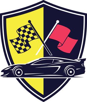Dynamic emblem showcasing a sleek sports car with checkered and red racing flags on a vibrant shield, symbolizing speed, competition, and automotive excellence in a captivating graphic design vector