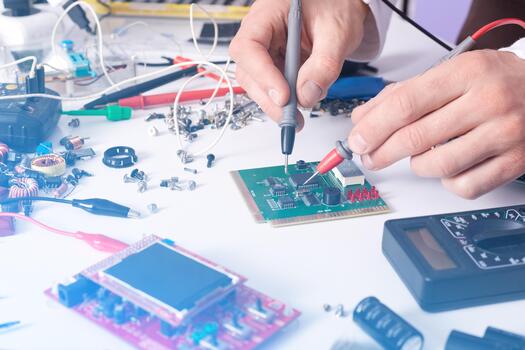 Technician man hands using digital multimeter to check and measure electrical voltage of computer mainboard, surrounded different devices. Repairing computer hardware, electronic engineering concept. photo