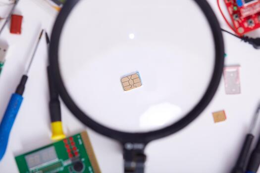 Image of table with small electronic parts of pc or smart phone, computer ram through magnifying glass, desktop with broken disassembled laptop, spare part of mobile phone. Modern technology concept. photo