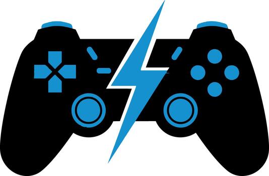 Dynamic illustration of gaming controllers split by a powerful blue lightning bolt, representing intense digital challenge, vibrant competition, and electrifying entertainment experiences vector