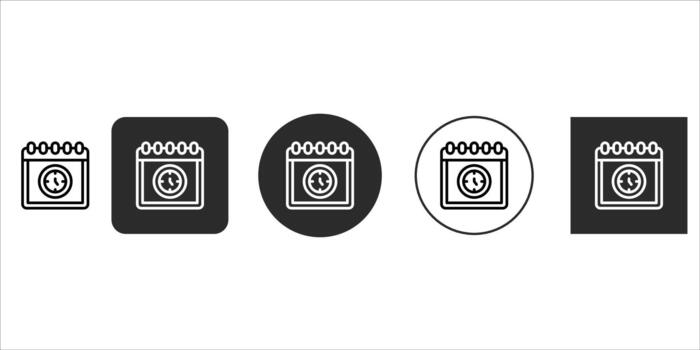 Calendar with clock icon set in various styles, outline and solid fill, on square and circular backgrounds, ideal for scheduling, appointments, deadlines, and time management, isolated on vector