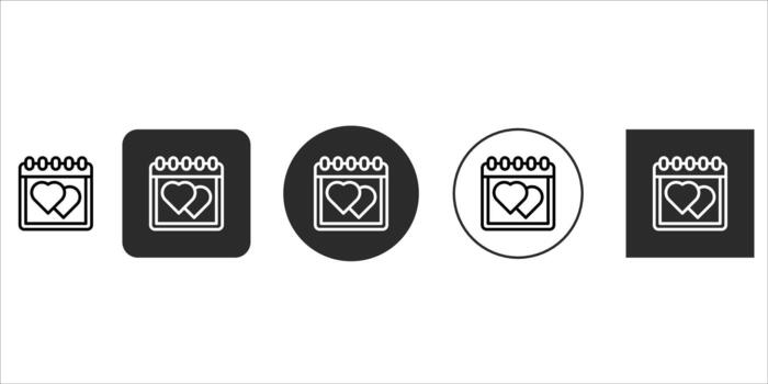 Calendar with two hearts icon set, representing a special date or romantic event like valentines day or an anniversary, presented in various styles, isolated on vector