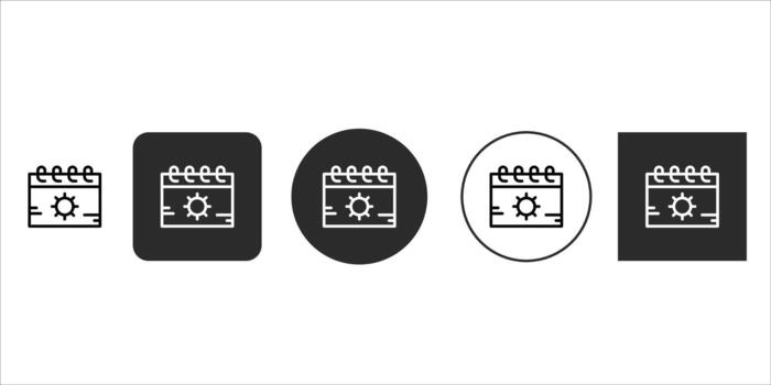 Calendar with sun icons, representing sunny days, summer, vacation, or weather forecasts, in various styles including outline, solid square, and circular designs, isolated on vector