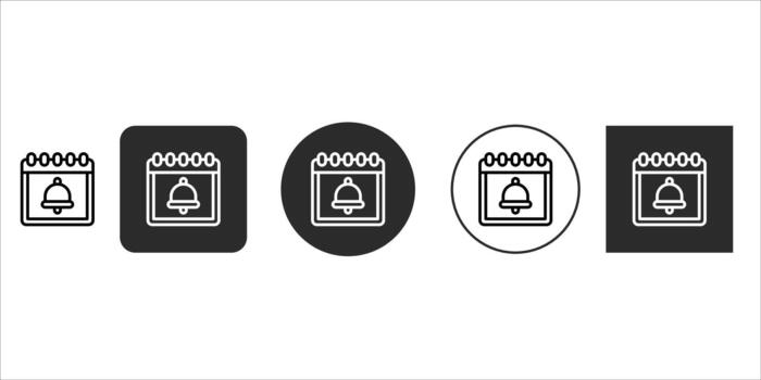 Calendar reminder bell icon set in various styles, outline, solid square, and circular designs, ideal for scheduling, event notifications, and important date alerts, isolated on vector