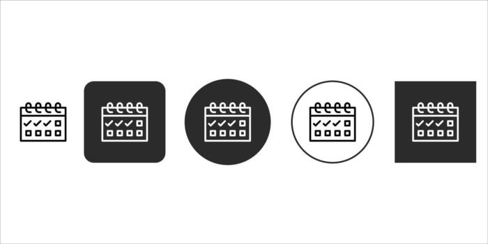 Calendar icon set with diverse styles outline, solid square, and circular designs, featuring checkmarks on dates, ideal for scheduling, planning, and task management, isolated on vector