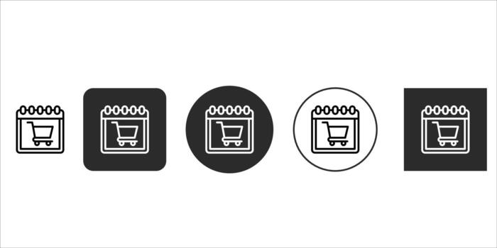Shopping cart on calendar icon set representing online purchase planning, delivery schedule, sales events, and ecommerce dates in various styles, isolated on vector