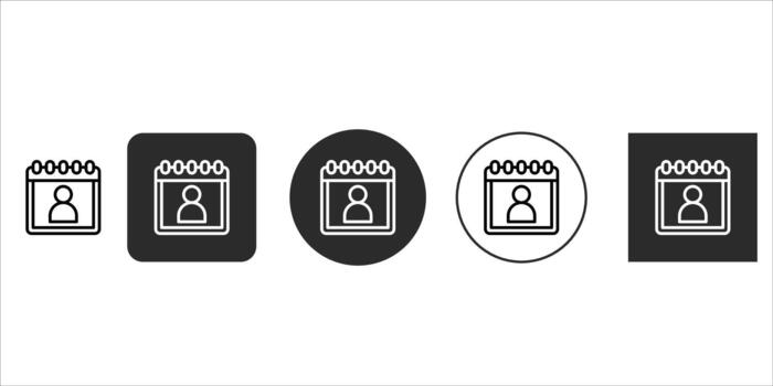 Calendar with person icon set, representing schedule, appointment, event, or personal date management, in various styles including outline, solid square, and circular backgrounds for versatile design vector