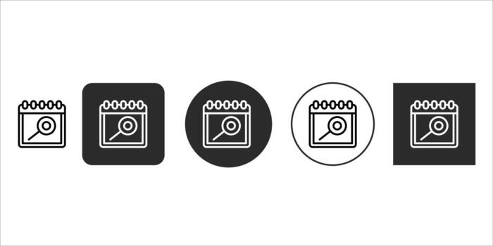 Calendar search icon set with magnifying glass, symbolizing date lookup, event finding, and schedule management, presented in various modern styles, isolated on vector