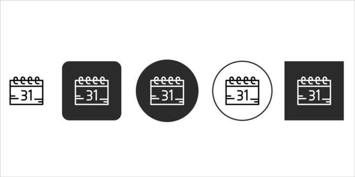 Calendar icon set featuring the number 31, presented in various styles including outline, solid square, and solid circle, perfect for representing dates, events, deadlines, and scheduling vector