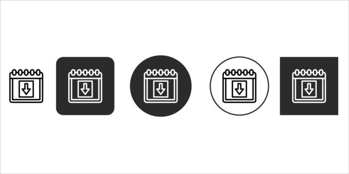 Calendar download icon set with various styles including outline, solid square, and circular designs, suitable for scheduling, event management, and data saving, isolated on vector