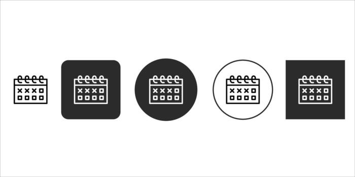 Calendar icon set in multiple styles, featuring outline and solid designs on various background shapes, ideal for digital interfaces, scheduling, and event management, isolated on vector