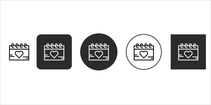 Calendar with heart icons, symbolizing love, anniversaries, and important dates, presented in multiple styles like outline, solid, and circular designs, isolated on vector