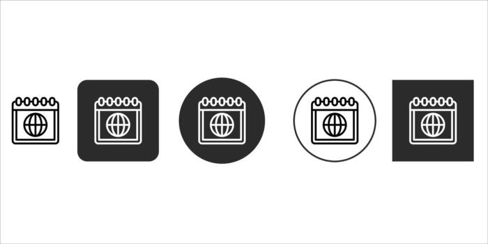 Collection of global calendar icons in diverse styles, perfect for representing international events, worldwide scheduling, important dates, travel planning, and global communication, isolated on vector