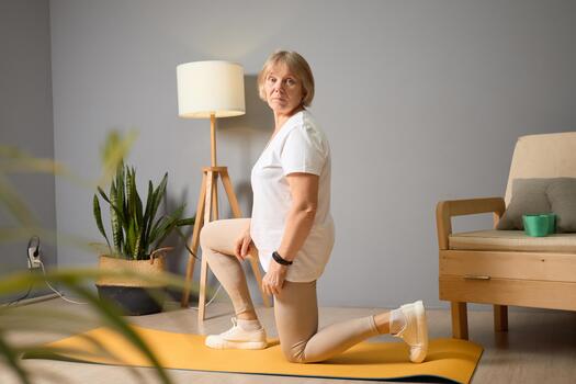 Woman practicing yoga on mat photo