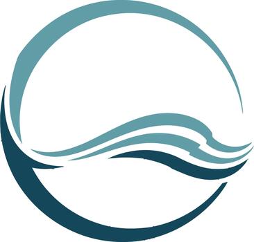 Dynamic abstract blue wave symbol encapsulated within a perfect circle, representing fluidity, motion, and environmental harmony in a clean graphic design vector