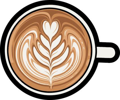 A beautiful top-down view of a steaming cup of coffee with intricate latte art, featuring a heart shape and leaf pattern vector
