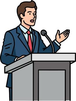 hombre entregando un habla a un podio vector