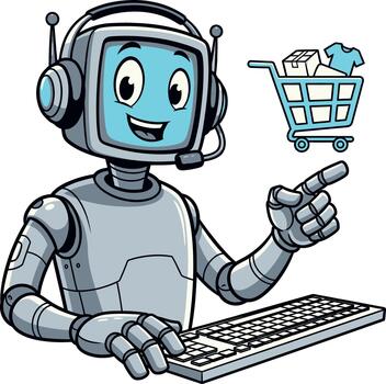 Friendly AI Chatbot Assistant for Online Shopping and Customer Support. Digital Robot Guiding E-commerce Interactions and Customer Service Inquiries vector