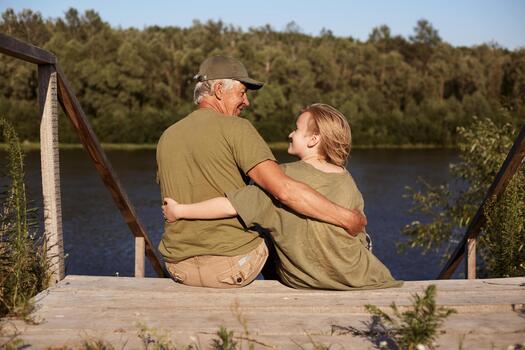 Grandfather and granddaughter by the river photo