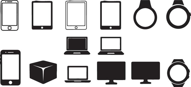 Set of various electronic devices and gadgets in outline and solid fill styles. vector