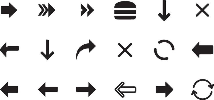colección de varios negro flecha y navegación íconos en un blanco antecedentes. vector