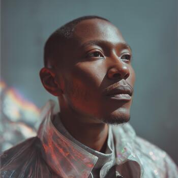 A Black man in a fashionable iridescent jacket, looking up with a thoughtful expression photo